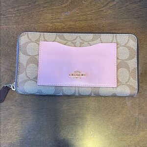 Coach Pink and Tan Signature Zip Wallet